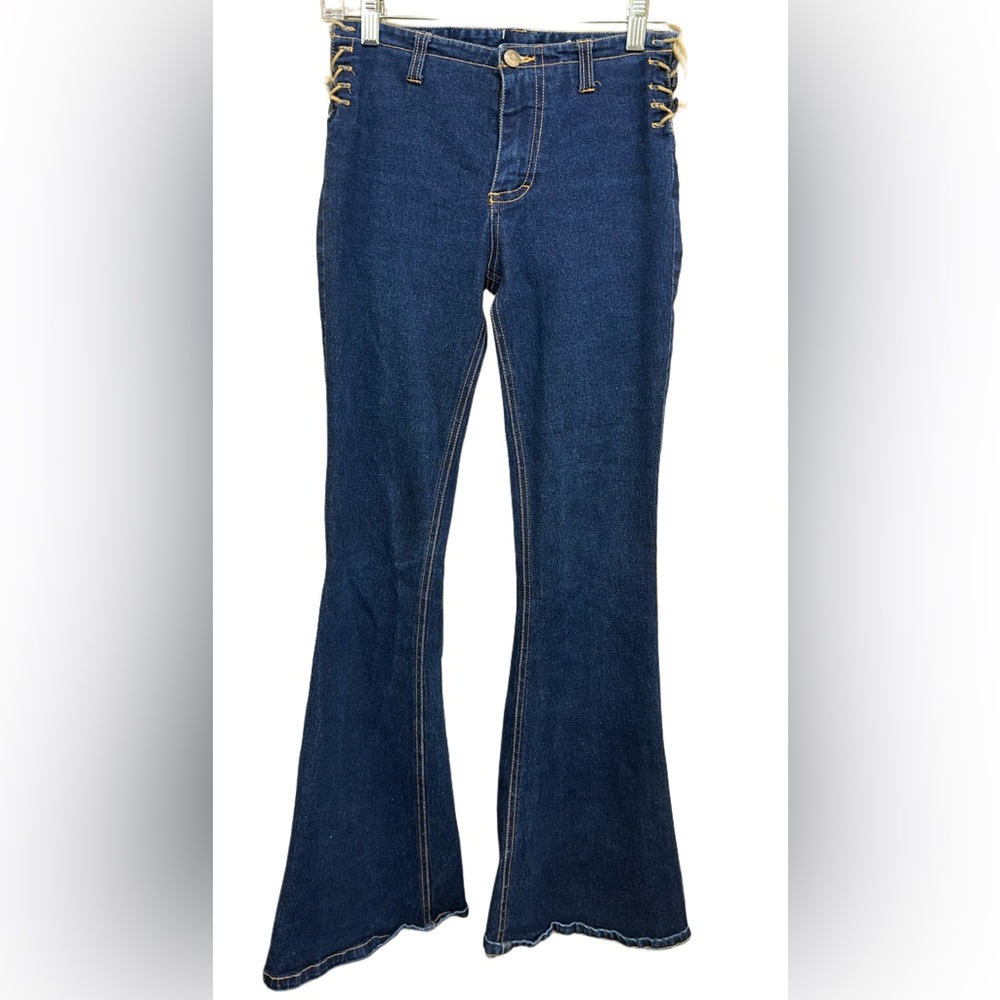 Mudd Vintage Y2K Blue Corset Lace Up Tie Sides Stretch Hippie Flare Denim Jeans